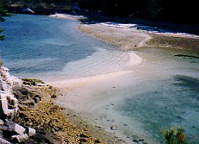 弓なりの砂浜が海の中から現れる（南峰から）